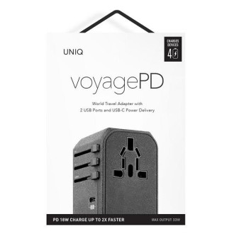 Uniq zatížení. síť. Adaptér Voyage World 33W + 2xUSB + PD 18W + QC 3.0 šedá/uhlově šedá (LITHOS Collective)