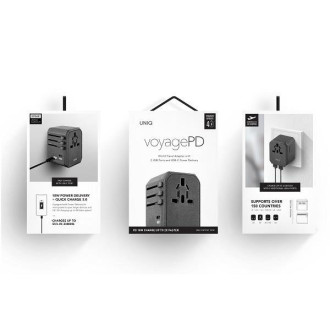 Uniq zatížení. síť. Adaptér Voyage World 33W + 2xUSB + PD 18W + QC 3.0 šedá/uhlově šedá (LITHOS Collective)