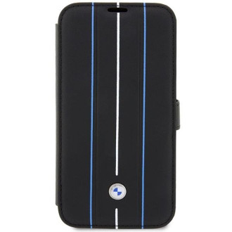 Pouzdro BMW BMBKP14L22RVSK iPhone 14 Pro 6,1&quot; černá/černá knihovna Kožená razítko Blue Lines