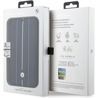 Pouzdro BMW BMBKP14L22RVSK iPhone 14 Pro 6,1&quot; černá/černá knihovna Kožená razítko Blue Lines