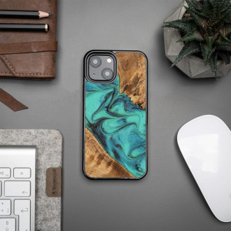 Dřevo a pryskyřice pouzdro pro iPhone 13 Mini Bewood Unique Turquoise - Turquoise Black