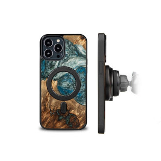Pouzdro ze dřeva a pryskyřice pro iPhone 13 Pro Max MagSafe Bewood Unique Planet Earth – modrozelené