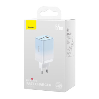 Baseus rychlonabíječka GaN 2 x USB Typ C / USB 65W QC PD modrá (CCGP050103) + rychlonabíjecí kabel USB Typ C 100W 1m modrý