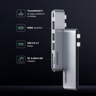 HUB Ugreen CM380 2xUSB C - HDMI/2xUSB 3.0/SD TF/USB C PD - šedý