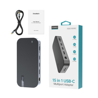 HUB Choetch M52 USB-C - USB-C PD/USB-C/USB-A/HDMI/VGA/DP/SD/TF/RJ45/AUX - šedý