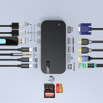 HUB Choetch M52 USB-C - USB-C PD/USB-C/USB-A/HDMI/VGA/DP/SD/TF/RJ45/AUX - šedý