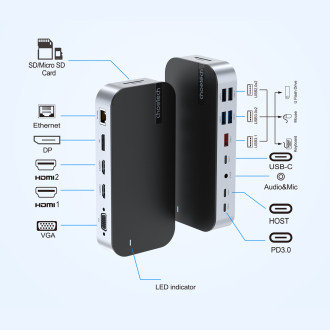 HUB Choetch M52 USB-C - USB-C PD/USB-C/USB-A/HDMI/VGA/DP/SD/TF/RJ45/AUX - šedý