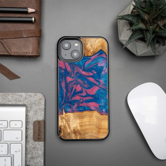 Dřevěný a resinový obal pro iPhone 15 Plus Bewood Unique Vegas - růžový a modrý