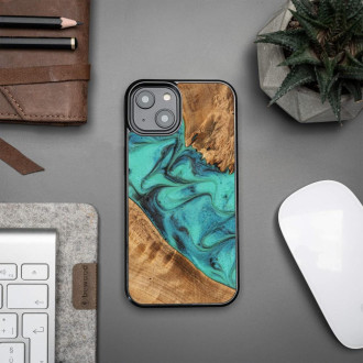 Dřevěný a resinový obal pro iPhone 15 Plus Bewood Unique Turquoise - tyrkysový a černý