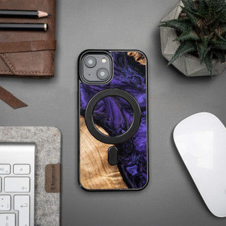 Dřevěný a resinový obal pro iPhone 15 Plus MagSafe Bewood Unique Violet - fialový a černý