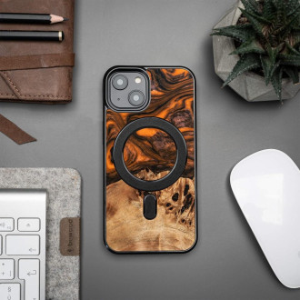 Dřevěný a resinový obal pro iPhone 15 Plus MagSafe Bewood Unique Orange - oranžový a černý