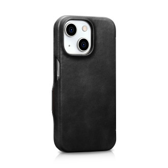 Kožené flipové pouzdro kompatibilní s MagSafe pro iPhone 15 iCarer Oil Wax Oil Wax Real Leather Folio Case – černé