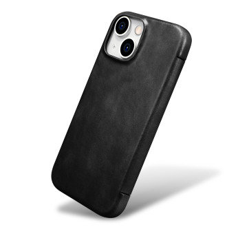 Kožené flipové pouzdro kompatibilní s MagSafe pro iPhone 15 iCarer Oil Wax Oil Wax Real Leather Folio Case – černé