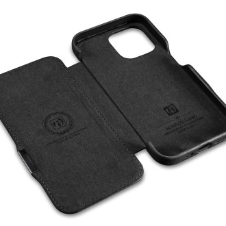 Kožené flipové pouzdro kompatibilní s MagSafe pro iPhone 15 iCarer Oil Wax Oil Wax Real Leather Folio Case – černé