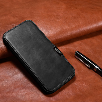 Kožené flipové pouzdro kompatibilní s MagSafe pro iPhone 15 iCarer Oil Wax Oil Wax Real Leather Folio Case – černé