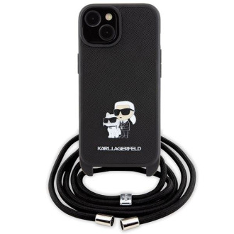 Karl Lagerfeld Crossbody Saffiano Metal Pin pouzdro Karl & Choupette pro iPhone 15 - černé