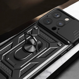 Pouzdro Armor Camshield se stojanem a krytem fotoaparátu pro iPhone 15 Pro Max Hybrid Armor Camshield – černé