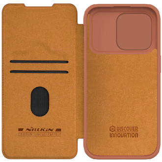 Kožený flipový kryt fotoaparátu iPhone 15 Pro Nillkin Qin Pro – hnědý