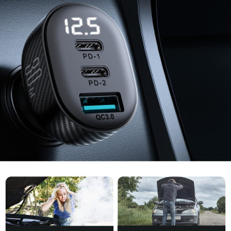 Joyroom JR-CCD04 30W 2x USB-C USB-A nabíječka do auta s displejem - černá