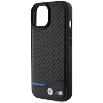 BMW kožené karbonové pouzdro pro iPhone 15 - černé