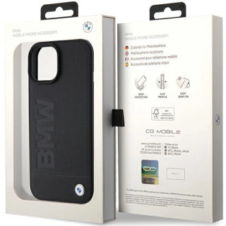 Pouzdro BMW MagSafe Leather Hot Stamp pro iPhone 15 Plus - černé