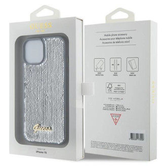Guess Sequin Script Kovové pouzdro pro iPhone 15 - stříbrné