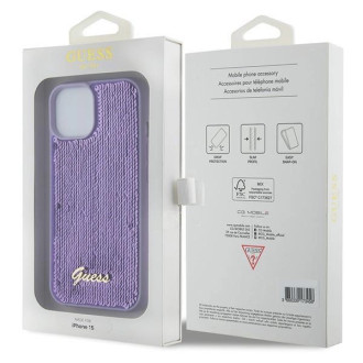 Guess Sequin Script Kovové pouzdro pro iPhone 15 - fialové