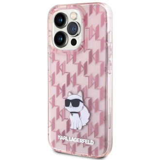 Pouzdro Karl Lagerfeld Monogram Choupette pro iPhone 15 Pro - růžové