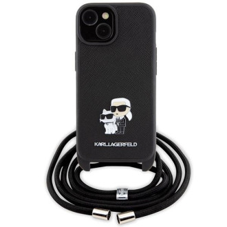 Pouzdro Karl Lagerfeld Crossbody Saffiano Metal Pin Karl &amp; Choupette pro iPhone 15 Plus - černé