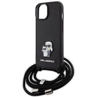 Pouzdro Karl Lagerfeld Crossbody Saffiano Metal Pin Karl &amp; Choupette pro iPhone 15 Plus - černé