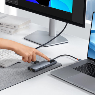 HUB 11v1 Baseus Metal Gleam Series USB-C na USB-C PD / USB-C / 3x USB-A / HDMI / AUX / RJ-45 / SD TF - šedá