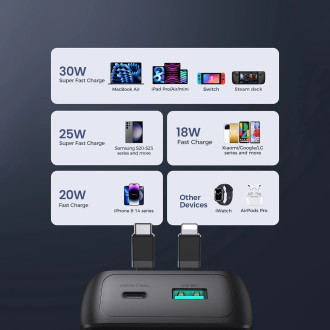 Powerbanka Joyroom 30W 10000mAh s vestavěným Lightning a USB-C kabely černá (JR-PBC06)
