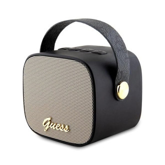 Bluetooth reproduktor Guess GUWSB2P4SMK Mini reproduktor černo/černý 4G kožené logo s řemínkem