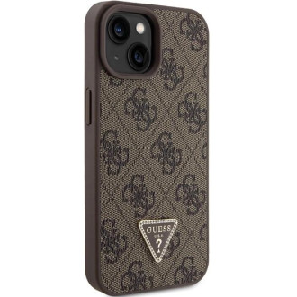 Guess Leather 4G Triangle Strass pouzdro pro iPhone 15 - hnědé