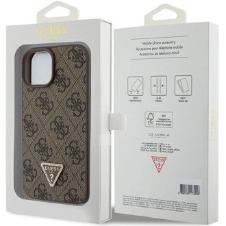 Guess Leather 4G Triangle Strass pouzdro pro iPhone 15 - hnědé