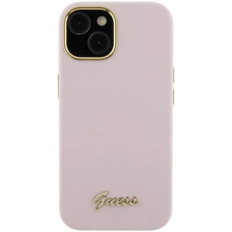 Pouzdro Guess Silicone Script Metal Logo &amp; Frame pro iPhone 15 - růžové