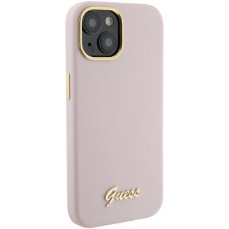 Pouzdro Guess Silicone Script Metal Logo &amp; Frame pro iPhone 15 - růžové