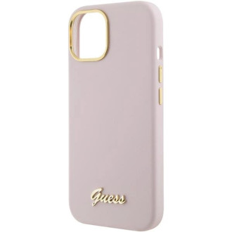 Pouzdro Guess Silicone Script Metal Logo &amp; Frame pro iPhone 15 - růžové