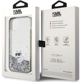 Pouzdro Karl Lagerfeld Liquid Glitter Choupette pro iPhone 15 Plus - průhledné
