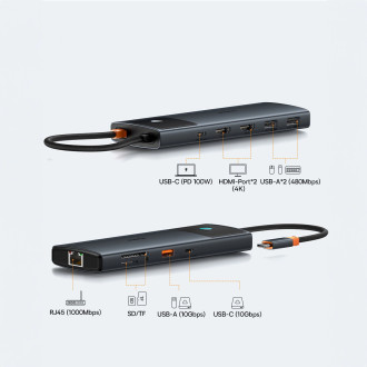 HUB 10in1 Baseus Metal Gleam Series USB-C na USB-C PD / USB-C / 3x USB-A / 2x HDMI / RJ-45 / SD / TF - černá