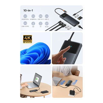 HUB 10in1 Baseus Metal Gleam Series USB-C na USB-C PD / USB-C / 3x USB-A / 2x HDMI / RJ-45 / SD / TF - černá