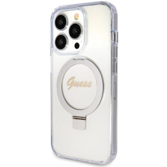 Guess Ring Stand Script Glitter MagSafe pouzdro pro iPhone 15 Pro - průhledné