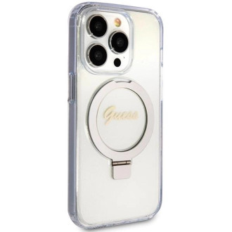 Guess Ring Stand Script Glitter MagSafe pouzdro pro iPhone 15 Pro - průhledné