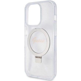 Guess Ring Stand Script Glitter MagSafe pouzdro pro iPhone 15 Pro - průhledné
