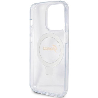 Guess Ring Stand Script Glitter MagSafe pouzdro pro iPhone 15 Pro - průhledné