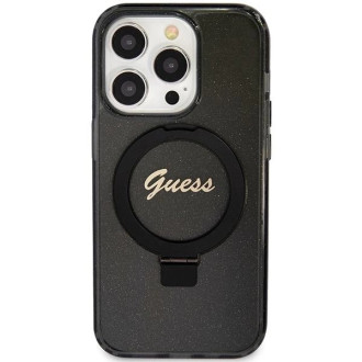 Guess Ring Stand Script Glitter MagSafe pouzdro pro iPhone 15 Pro - černé