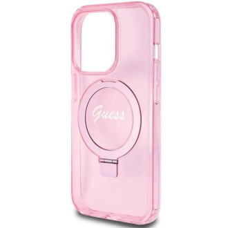 Guess Ring Stand Script Glitter MagSafe pouzdro pro iPhone 15 Pro - růžové