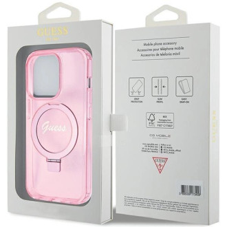 Guess Ring Stand Script Glitter MagSafe pouzdro pro iPhone 15 Pro - růžové