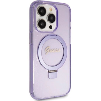 Guess Ring Stand Script Glitter MagSafe pouzdro pro iPhone 15 Pro - fialové