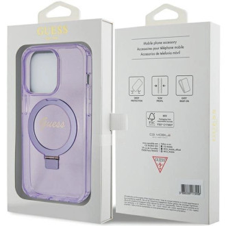 Guess Ring Stand Script Glitter MagSafe pouzdro pro iPhone 15 Pro - fialové